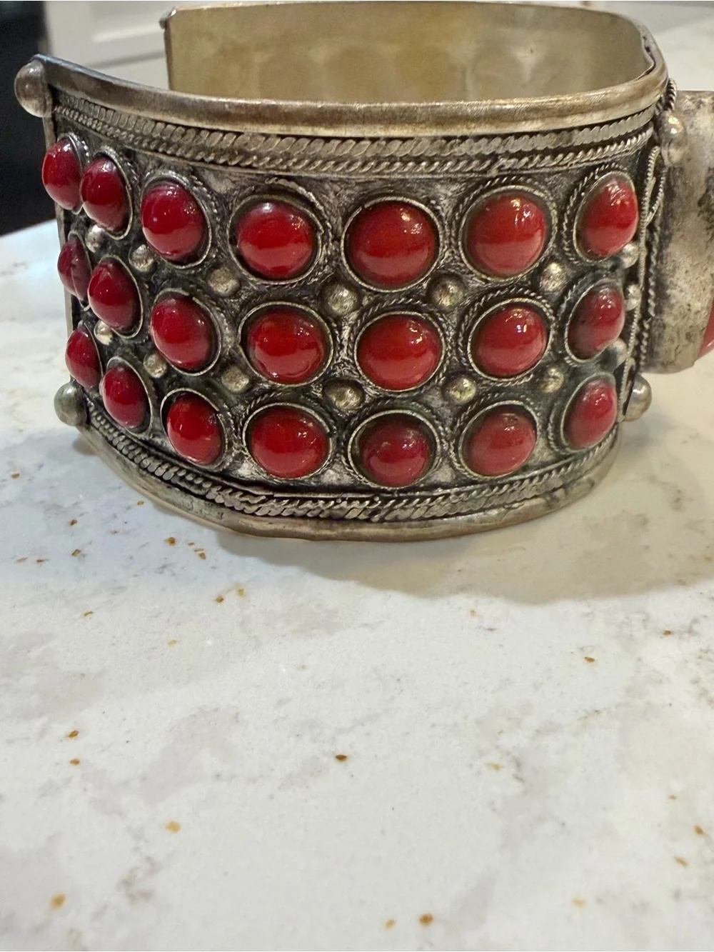 Vintage Ornate Alpaca Statement Cuff Bracelet Red Cabochon Stones
